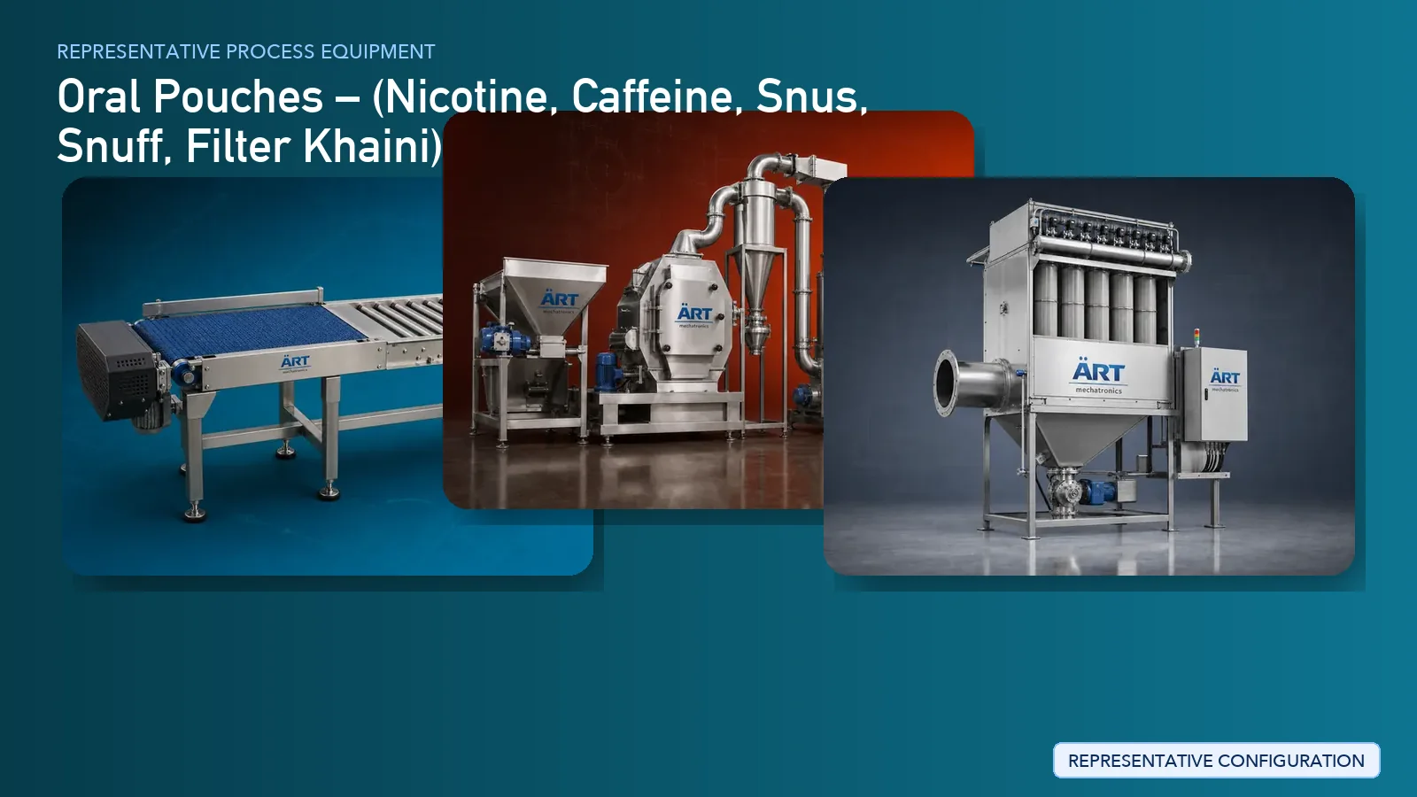 Representative Oral Pouches Manufacturing Plant & Machinery (Nicotine, Caffeine, Snus, Snuff & Filter Khaini) process equipment by ART Mechatronics