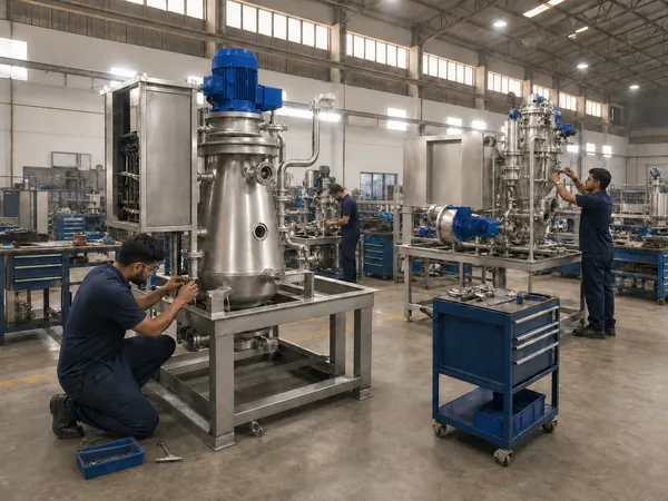 An assembly bay with stainless steel machines at different stages of assembly