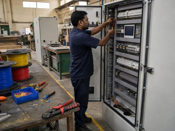 An electrician wiring a tall open control panel in the panel shop