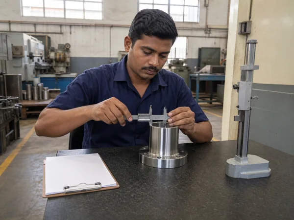 An inspector measuring a machined stainless component with a vernier caliper at a surface plate