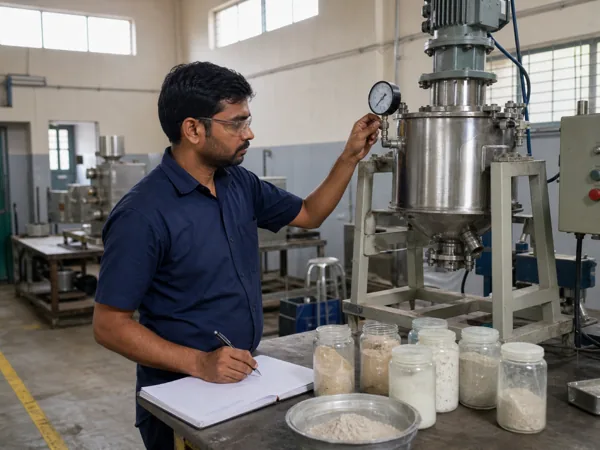 An engineer taking a reading from a pilot-scale stainless machine beside sample jars in the R&D room