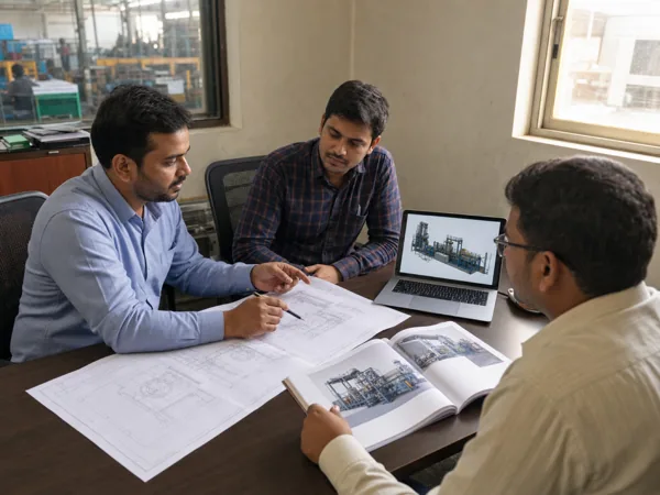 A technical sales discussion over machine drawings and a printed catalogue