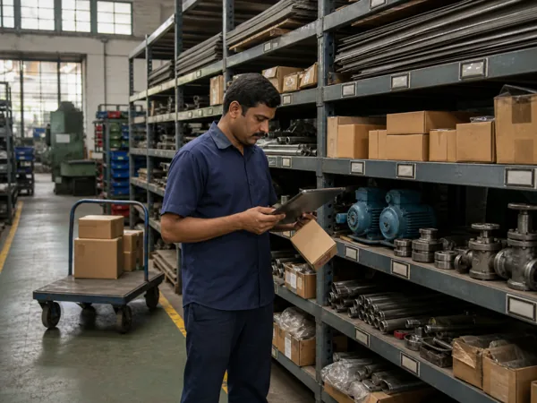 A storekeeper checking boxed components against a tablet in the component store