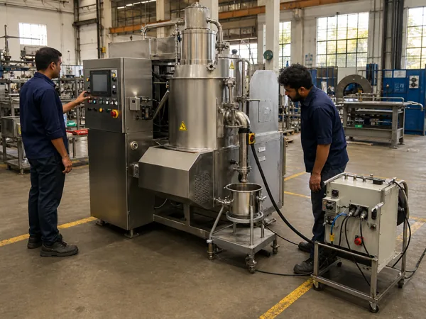 Engineers running a finished stainless machine on test, one at the control panel