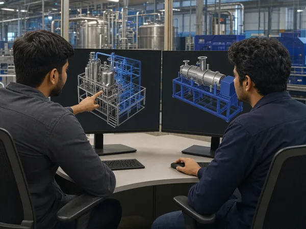 Engineers reviewing a 3D machine model on workstation monitors