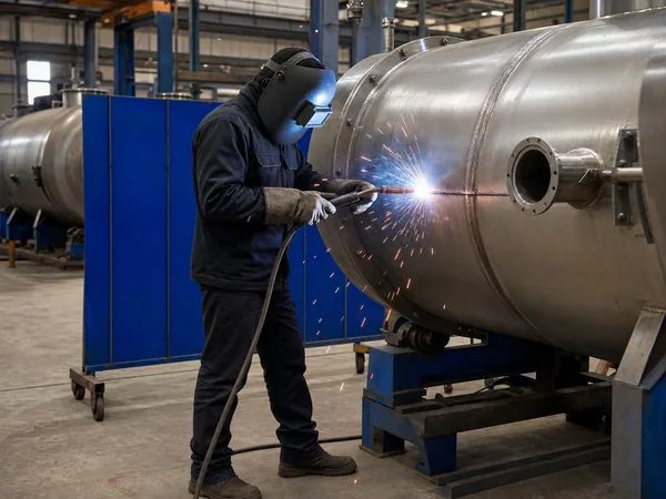 A welder in protective gear working on a large stainless steel vessel