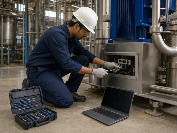 A field engineer with a toolkit checking a machine's connections on site