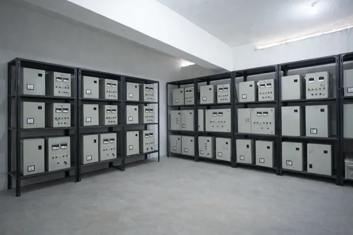 Racks of drives and control units in the panel store