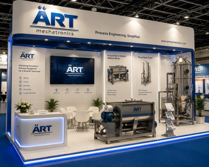 The ART Mechatronics exhibition stand, with the ribbon mixer and fluid bed dryer on display
