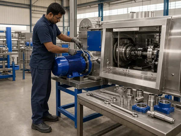 A technician fitting a motor housing to a machine in an assembly workshop