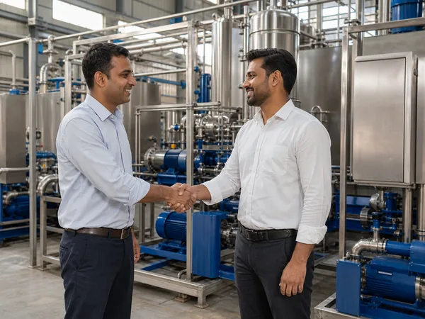 Two people shaking hands in front of installed processing machinery