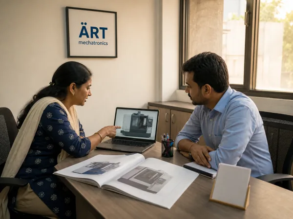 Two people reviewing machine drawings and a laptop in a sales office under the ART Mechatronics sign