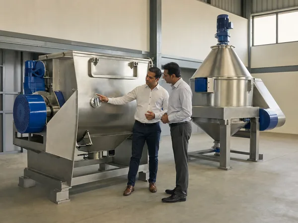 Two people discussing an industrial machine in a distributor showroom